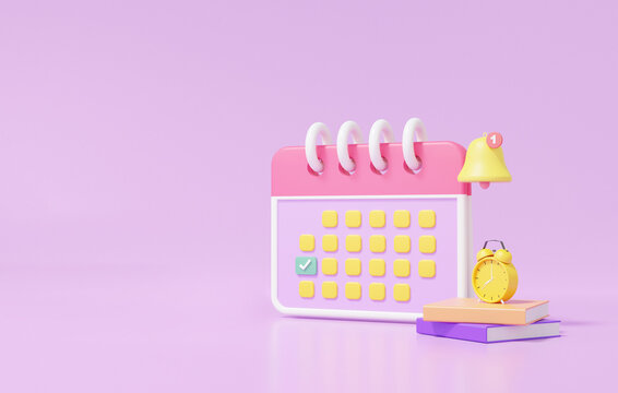 Notification bell Calendar icon symbol marked schedule. minimal cartoon style design. Day month year, education, learning concept. on purple background, banner, 3D render illustration