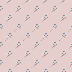 Spring seasonal seamless pattern with diagonal simple berries ornament. Pastel pale pink background.