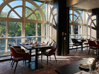 Cafe setting with beautiful arched windows