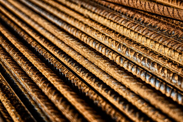 Rusty Reinforced Steel Bars in a Stack with Contrast