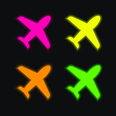 Airplane four color glowing neon vector icon