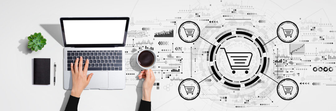 Online shopping theme with person using laptop computer