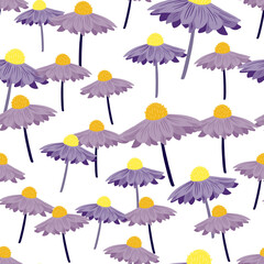 Random purple gerbera flowers silhouettes seamless doodle pattern. Isolated abstract print.