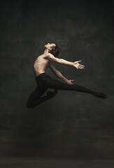 Young and graceful male ballet dancer isolated on dark background. Art, action, inspiration concept. © Lustre Art Group 