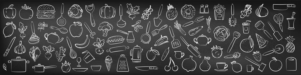 Food sketch on chalkboard background. Hand drawn kitchen utensils, fruit and vegetable. Beet, pepper, pineapple, pomegranate and burger. Chalk blackboard. Vector kitchenware set - obrazy, fototapety, plakaty