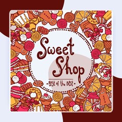 Sweet shop background with sketch cookies chocolate doughnut cupcake vector illustration