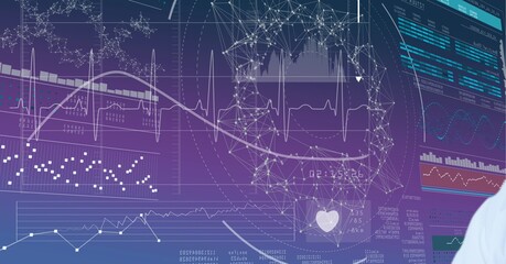 Mid section of doctor against network of connections and medical data processing in background
