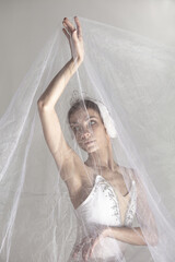 Young graceful balerina in image of white swan in art performance isolated on white background. © Lustre Art Group 