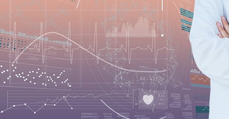 Mid section of male doctor against network of connections and medical data processing
