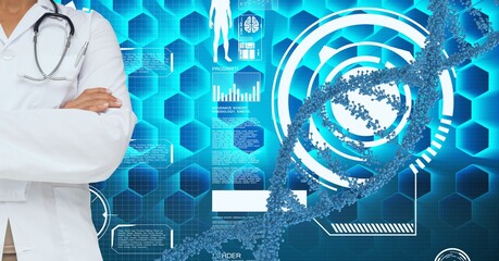 Mid section of doctor against dna structure and medical data processing