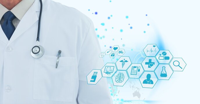 Mid section of male doctor against medical icons and blue spots on white background