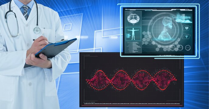 Mid section of male doctor writing on clipboard against medical data processing on blue background