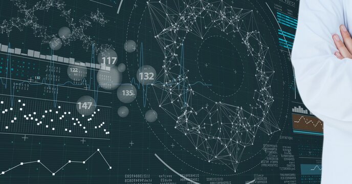 Mid section of male doctor against network of connections and medical data processing