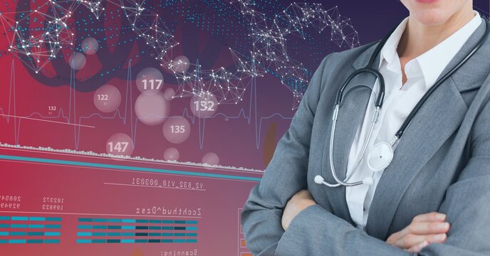 Mid section of female doctor against network of connections and medical data processing