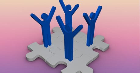 3d businesspeople icons over jigsaw puzzle against pink and purple gradient background
