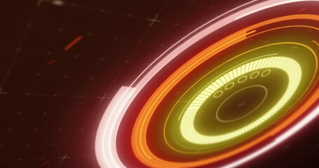 Image of glowing orange scope scanning and spinning with glitch on grid background