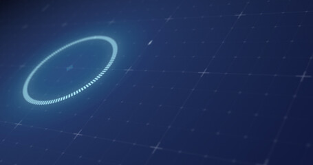 Image of glowing blue scope scanning and spinning with glitch on grid background