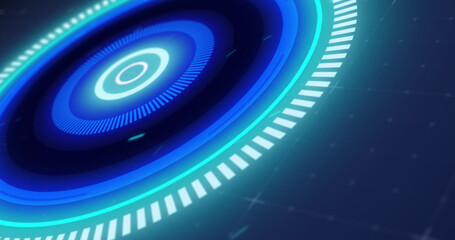 Image of glowing blue scope scanning and spinning with glitch on grid background