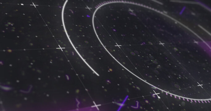 Image of glowing scope scanning and spinning with markers on black background - Powered by Adobe