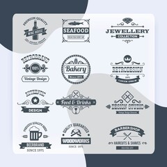 Retro black logo emblems set with woodworks barbershop restaurant isolated vector illustration