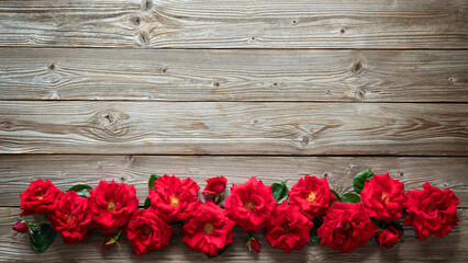 Red roses on rustic wooden board