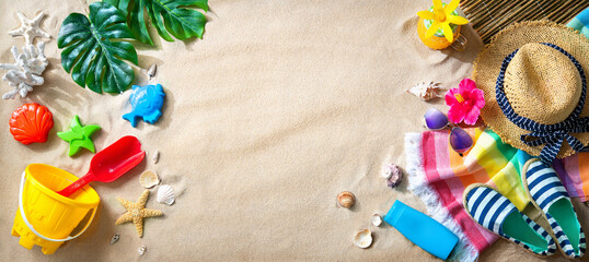 Summer travel and beach holiday background.  Concept for family vacation with the children