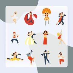 Social dancing festival elegant waltz tango oriental dance icon flat set isolated vector illustration