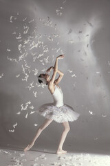 Young graceful balerina in image of white swan in art performance isolated on gray white background.