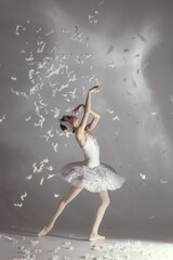 Young graceful balerina in image of white swan in art performance isolated on gray white background. © Lustre Art Group 