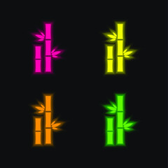Bamboo With Leaves four color glowing neon vector icon