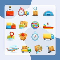 Global freight transportation logistics flat icons set with cargo vessel containers delivery service abstract isolated vector illustration