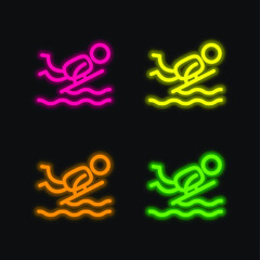 Bodyboard four color glowing neon vector icon