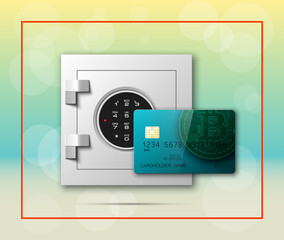 Credit card bitcoin & Electronic lock. Bank door card & combination lock front side banner. Plastic card & steel safe. Debit card & electromagnetic locking chip. Digital currency money Online payment