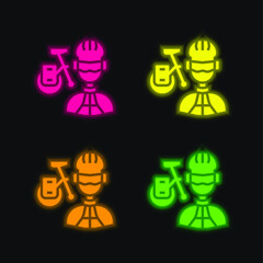 Biker four color glowing neon vector icon