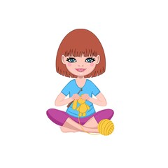 Illustration of a sitting little girl needlewoman crochet a toy on a white background. For cover, booklet, invitation, design, postcard, poster, flyer