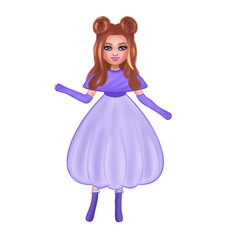 An illustration of a young brown-haired woman in a festive lavender dress and boots, with a fashionable hairstyle on a white background. For cover, booklet, invitation, design, postcard, poster, flyer