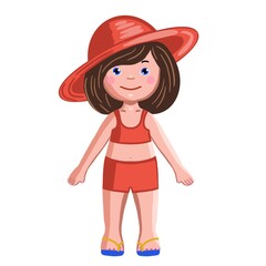 Summer drawing. A little cheerful girl in a big red hat and a red swimsuit on a white background. Single illustration. Perfect for card, poster, postcard, invitation, stickers, flyers, invitations