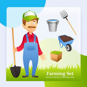 Farmer man avatar with farming working and planting tools set vector illustration
