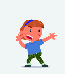  cartoon character of little girl on jeans arguing effusively with exam in hand.