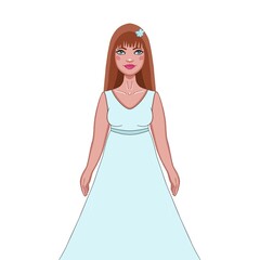 An illustration of a slender girl-bride with brown hair, in a wedding dress. For invitations, hen parties, postcards, posters, booklets, greetings, design