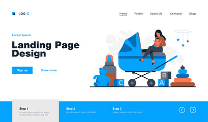 Tiny mother or babysitter holding baby and sitting on carriage isolated flat vector illustration. Cartoon newborn smiling on woman hands. Nanny occupation. Family and nursery concept