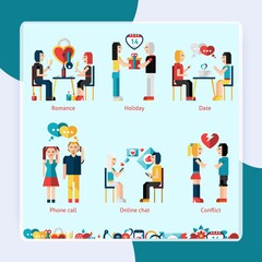 Relationship concepts set with phone call online chat conflict romance holiday dating vector illustration