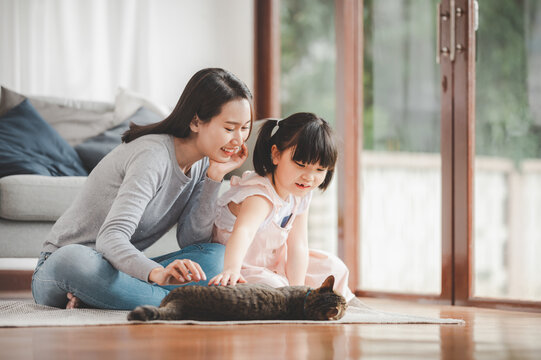 Happy Asian family mother and daughter palying with cat at home in living room. Focused on mother