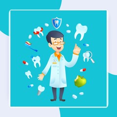 Dentistry concept with dental health instruments and dentist doctor avatar vector illustration