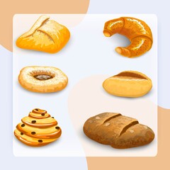 Bakery bread and pastry set with donut chocolate bagel and croissant isolated vector illustration