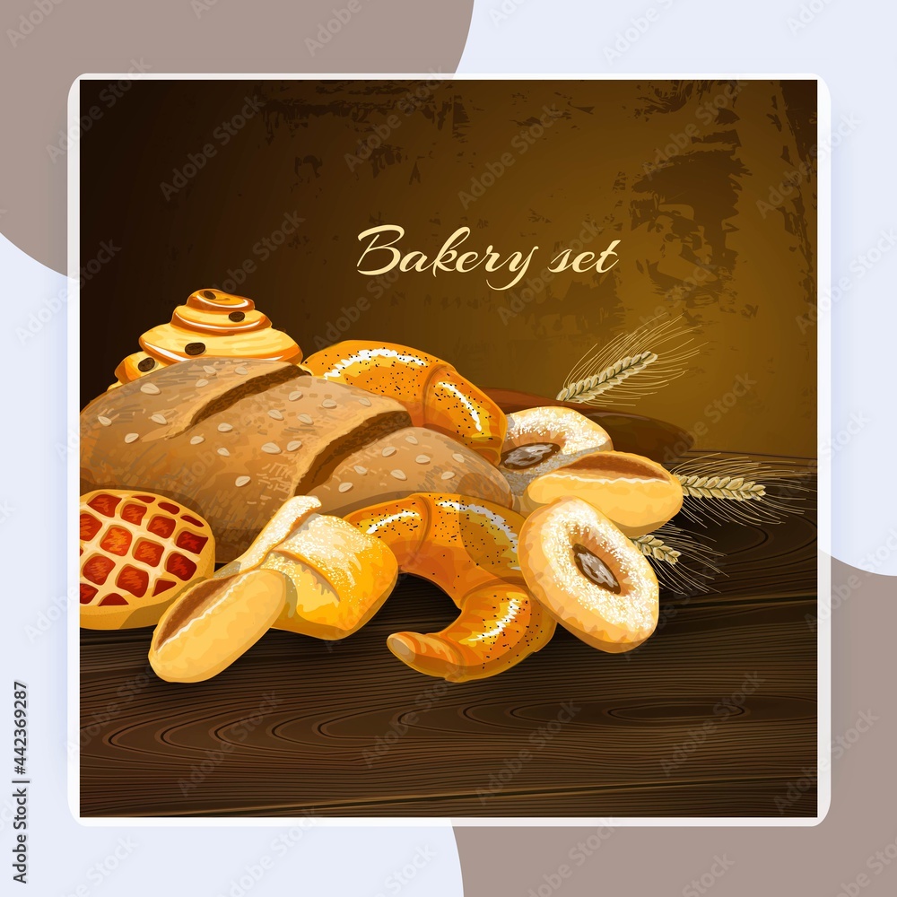 Wall mural Bakery bread poster with wheat pastry pie donuts and wheat ears on wooden table vector illustration