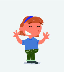 Euphoric little girl on jeans in funny cartoon character.