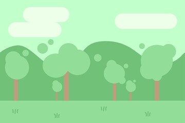 Game deign seamless landscape natural background. Green summer forest with trees, mountains, clouds, grass