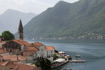 Panoramic view of the city and bay on the sunny day. Perast. Montenegro.