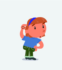  happy cartoon character of little girl on jeans rejoices with exam in hand.